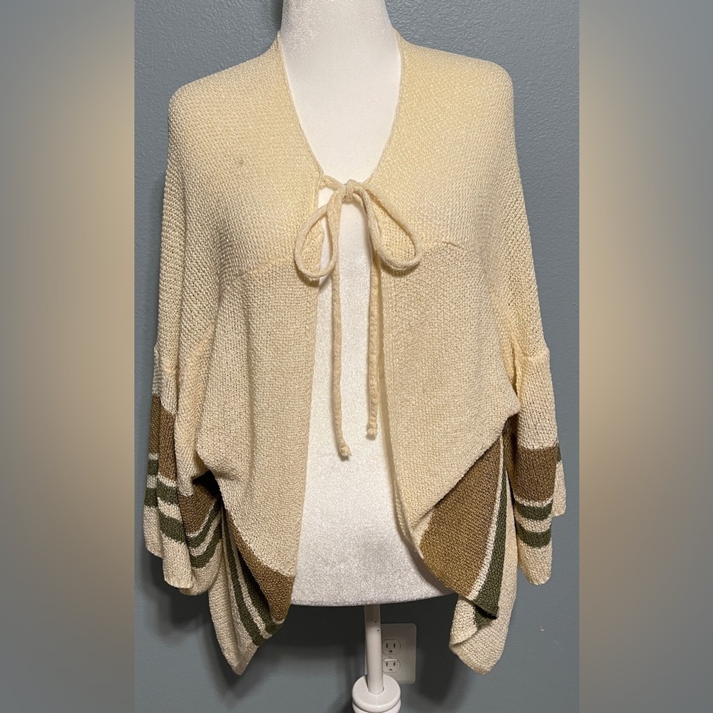 Pol Beige Cardigan Sweater Knit Tie Front Boho Neutral Striped Layering Medium